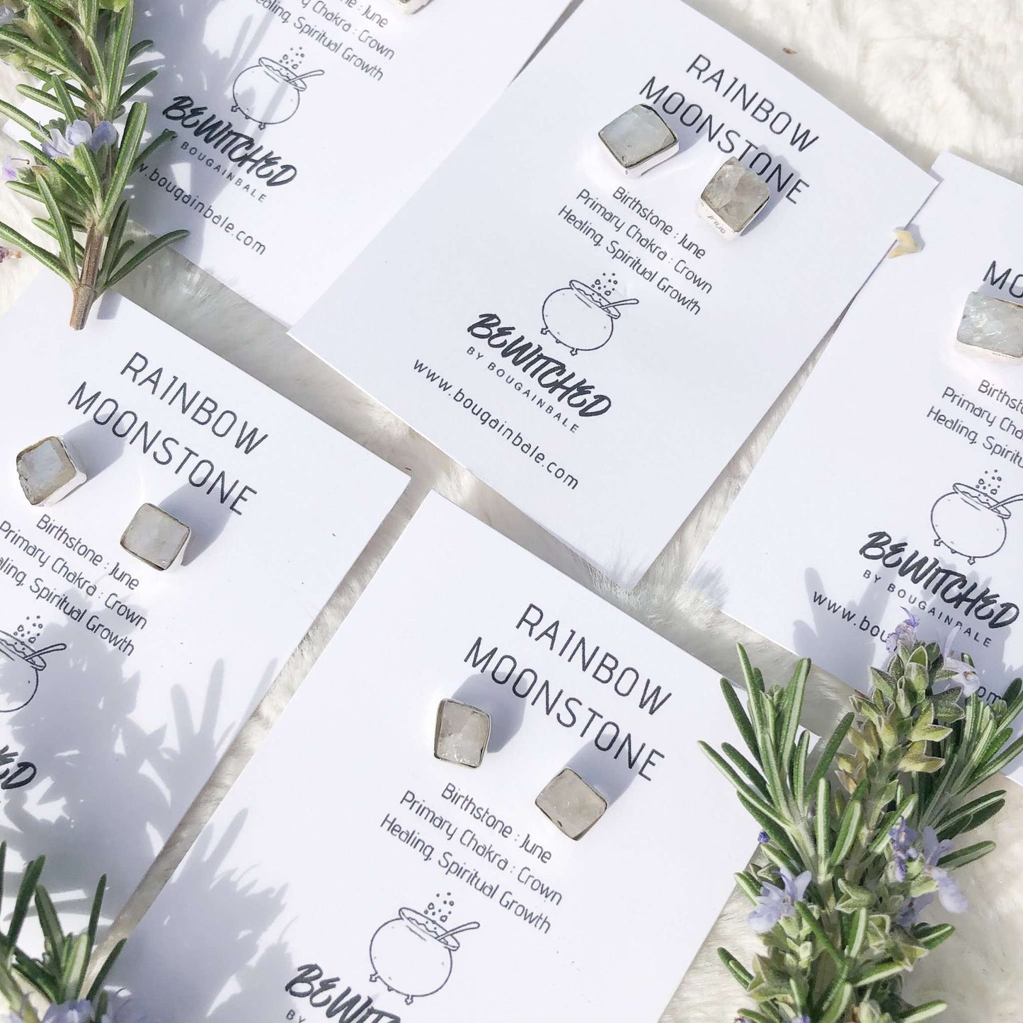 Rainbow Moonstone Raw Crystal Jewellery Stud Earrings In Silver 