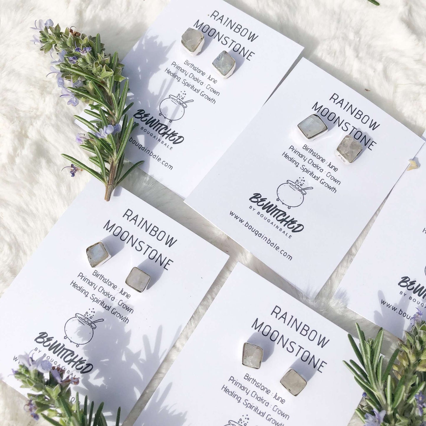 Rainbow Moonstone Raw Crystal Jewellery Stud Earrings In Silver 