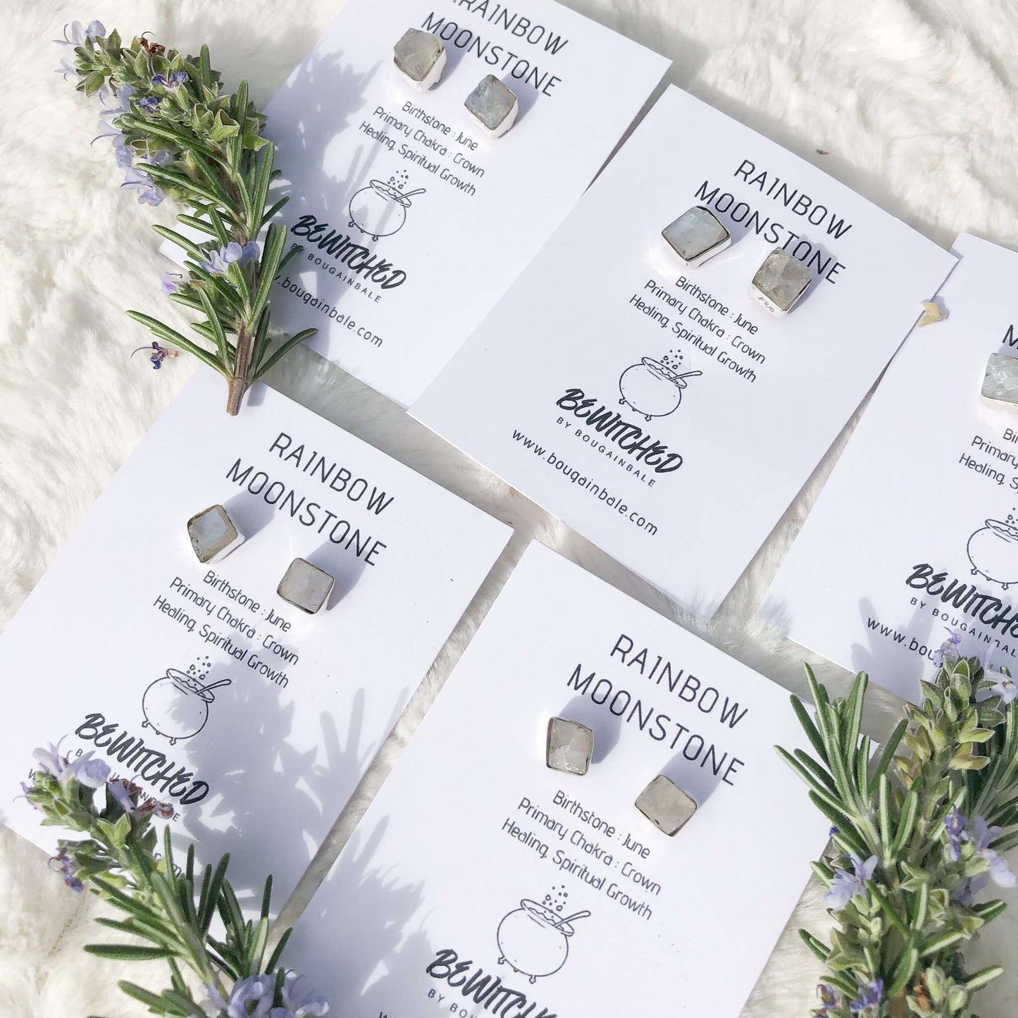 Rainbow Moonstone Raw Crystal Jewellery Stud Earrings In Silver 