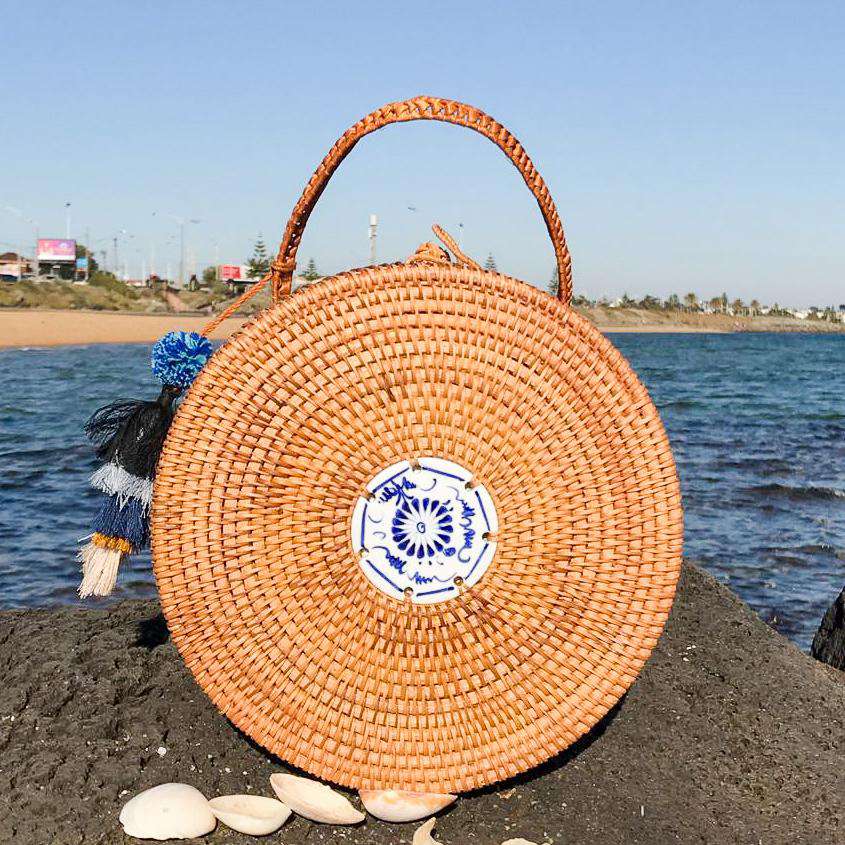 Top Handle Ratan Large Bag with ceramic centre