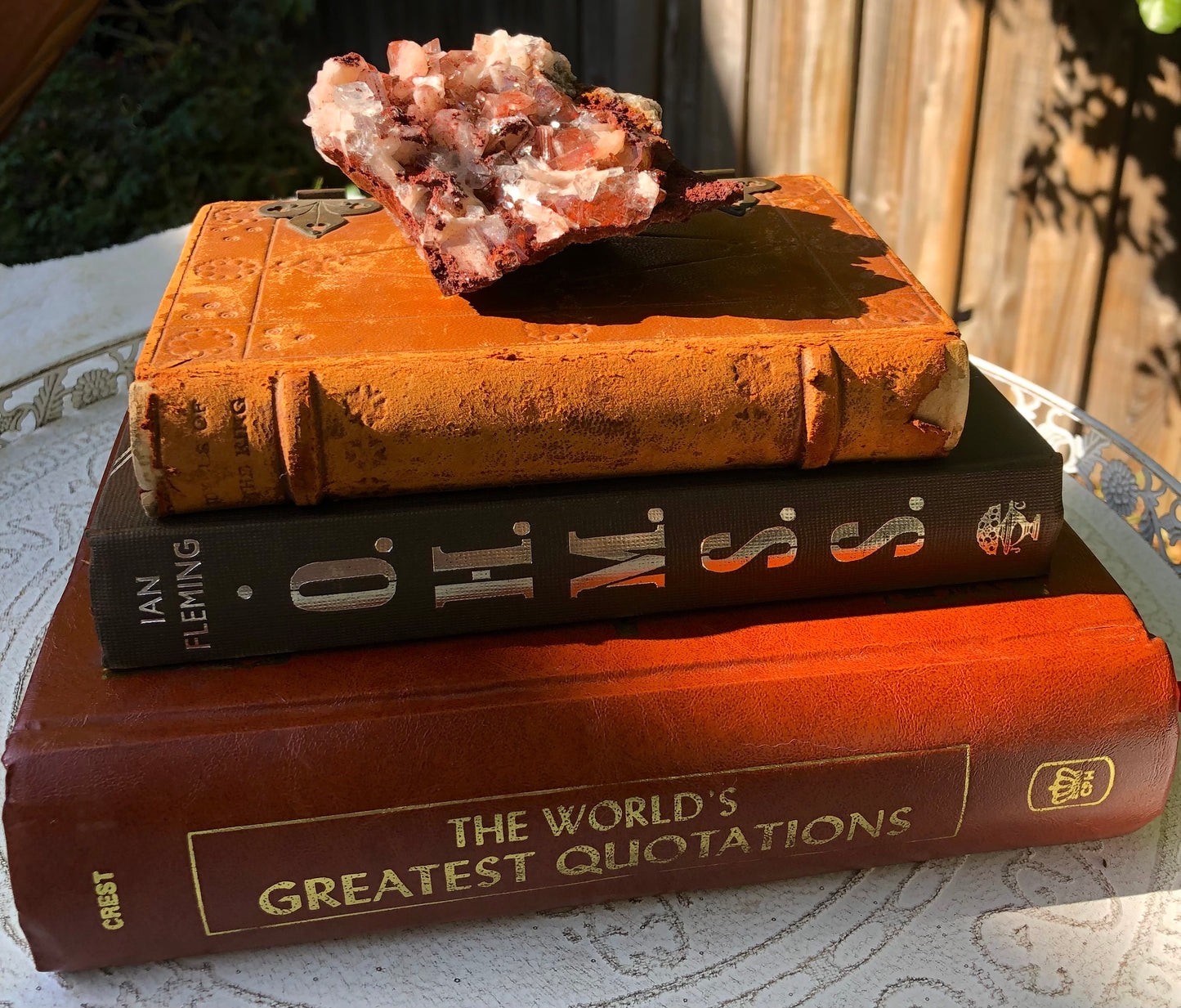 RARE Brown Apophyllite, Red Chalcedony and Stilbite specimen on books