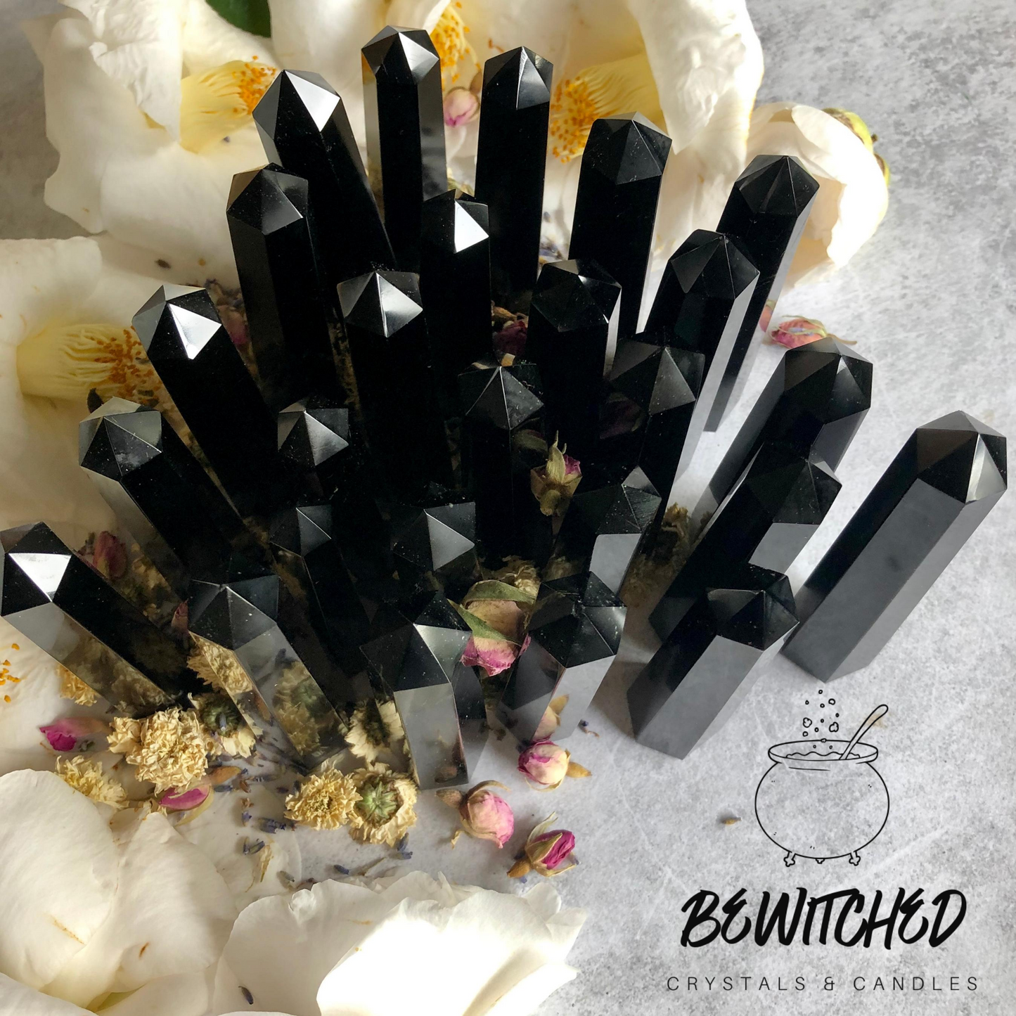 Black obsidian crystal points arrangement